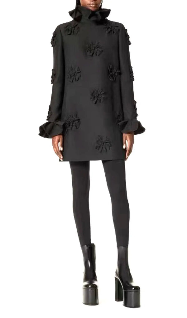 ACELIN BLACK FLOWER EMBELLISHED MINI DRESS-Fashionslee