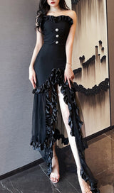 BLACK STRAPLESS TAIL MAXI DRESS-Fashionslee