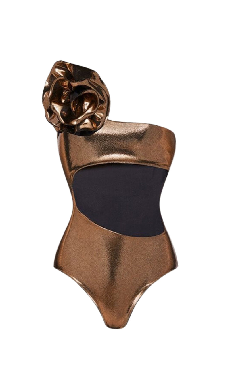 DIAGONAL CUTOUT FLOWER SWIMSUIT IN GOLD-Fashionslee