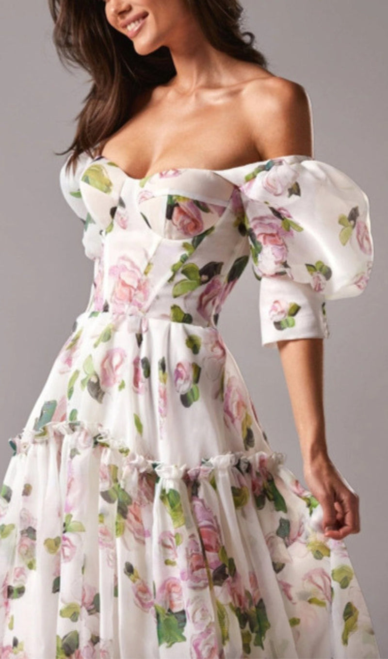 OFF-THE-SHOULDER FLORAL MAXI DRESS IN WHITE-Fashionslee