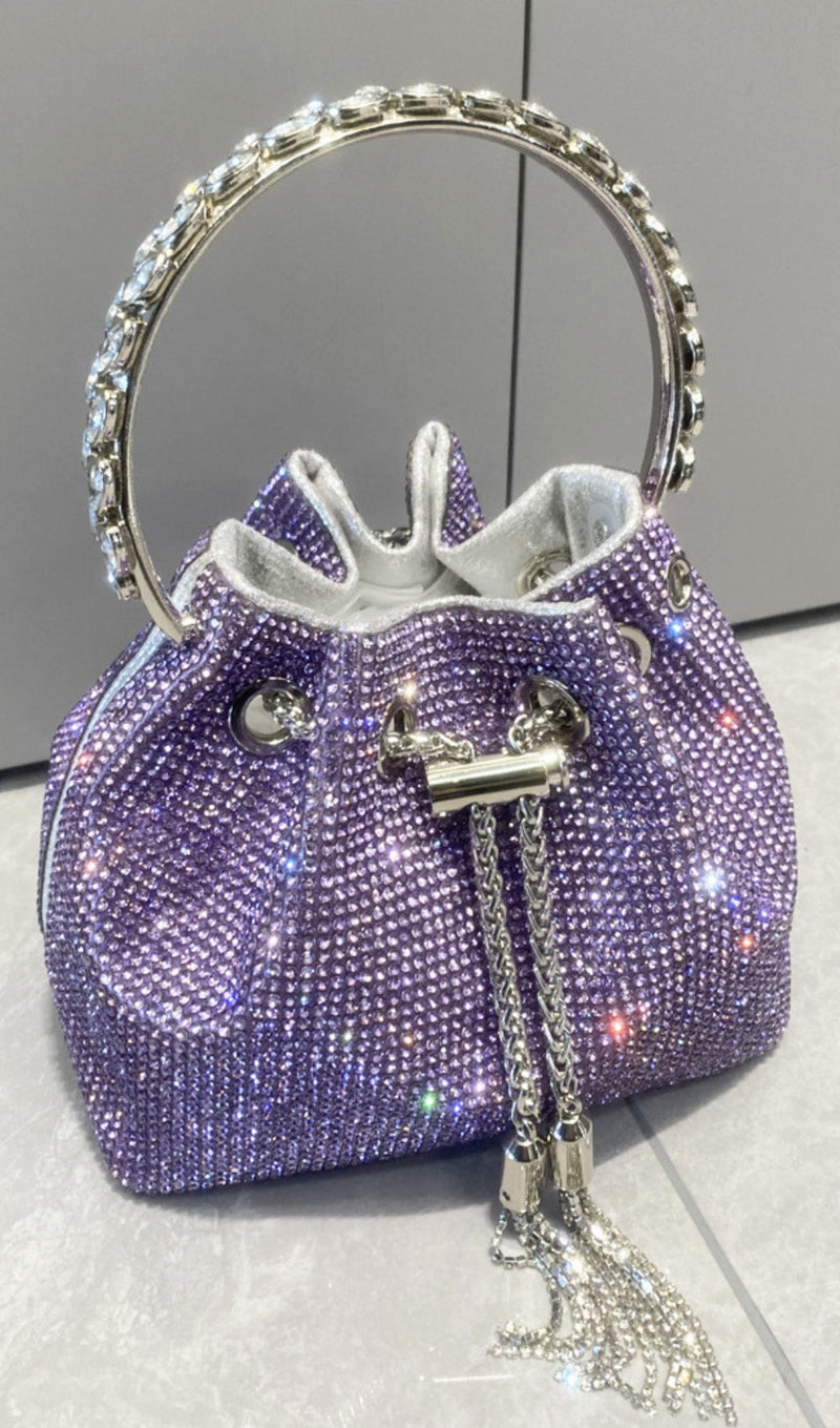 CRYSTAL EMBELLISHED BUCKET BAG IN PURPLE | Fashionslee