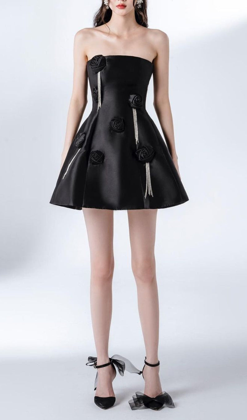 BLACK FLORAL FRINGED MINI DRESS-Fashionslee