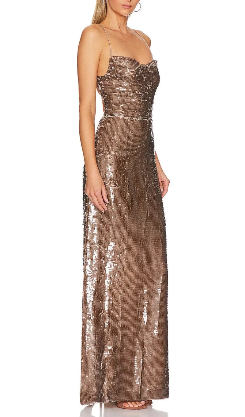 SEQUIN BACKLESS MAXI DRESS IN BROWN-Fashionslee