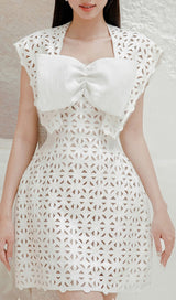 WHITE BOW EMBROIDERED MINI DRESS-Fashionslee