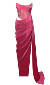 CORSET SATIN PLEATED MAXI DRESS IN RED-Fashionslee