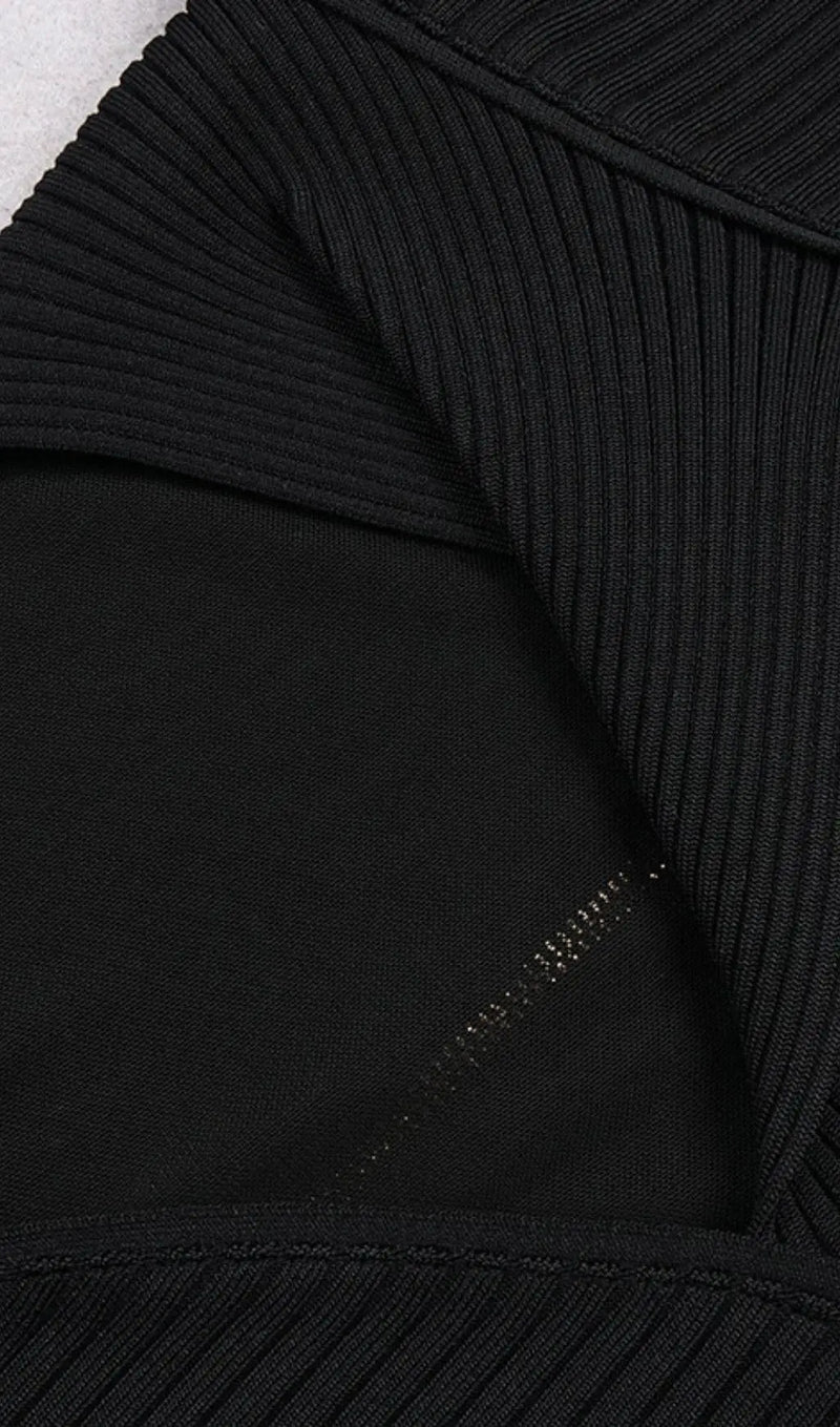 BLACK O NECK LONG SLEEVE BANDAGE MINI DRESS-Fashionslee