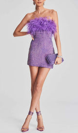 SEQUIN FEATHER STRAPLESS MINI DRESS IN PURPLE-Fashionslee