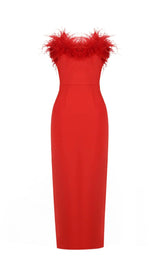 STRETCH STRAPLESS FEATHER TRIMMED GOWN IN RED-Fashionslee