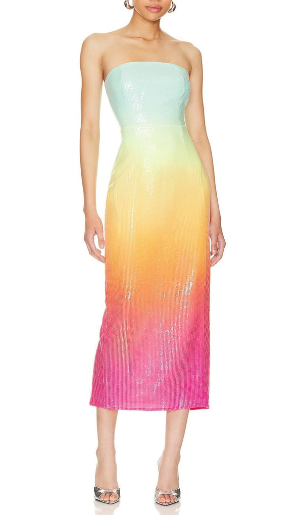 STRAPLESS SEQUIN OMBRE MAXI DRESS IN MULTI-COLOR-Fashionslee