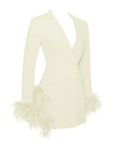 PEARL WHITE FEATHER TRIM BLAZER DRESS-Fashionslee