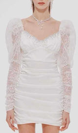 PLEATED DRESS WITH LACE PUFFED SLEEVES IN WHITE-Fashionslee