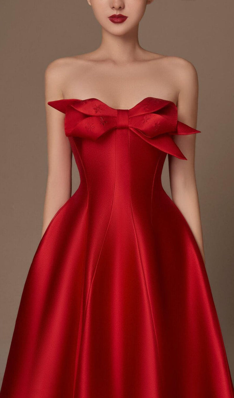 AVANI RED FLARED SEMI-HEART NECK TAFFETA DRESS-Fashionslee