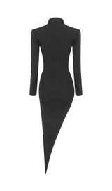 LONG SLEEVES SEXY HOLLOW OUT IRREGULAR BLACK DRESS-Fashionslee
