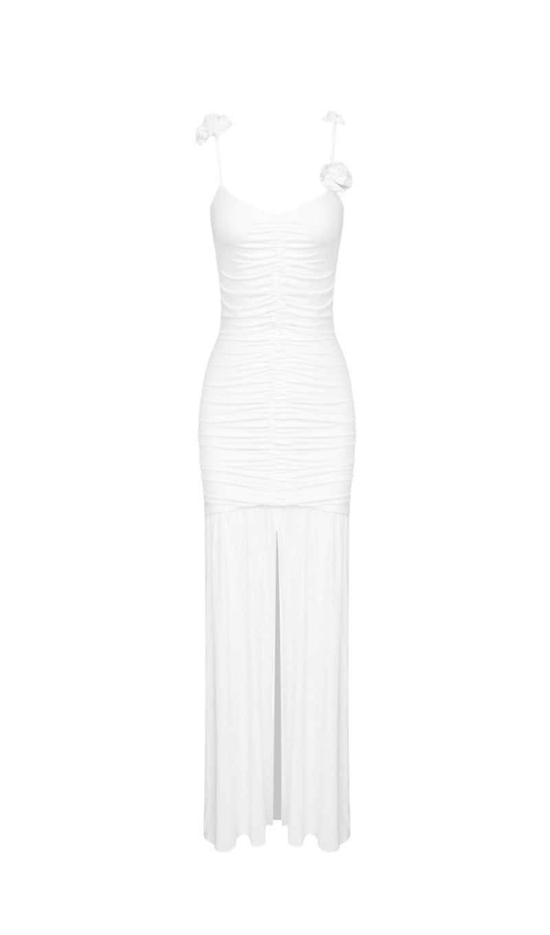 WHITE FLORAL SUSPENDER MAXI DRESS-Fashionslee