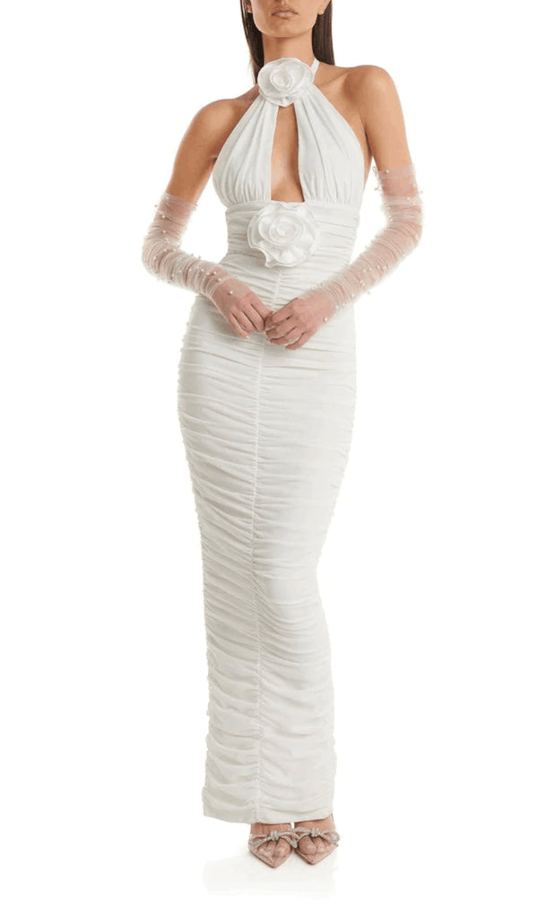 WHITE 3D FLORAL CIRCLE NECK BANDAGE MAXI DRESS-Fashionslee