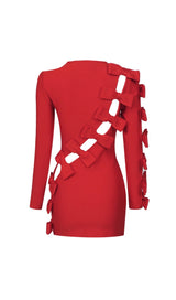 BOW CREWNECK MINI DRESS IN RED-Fashionslee