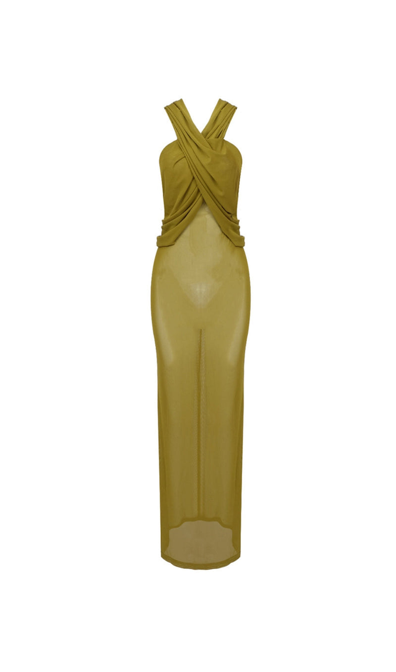 GINGER YELLOW SHEER EVENING GOWN WITH DRAPED HOOD-Fashionslee