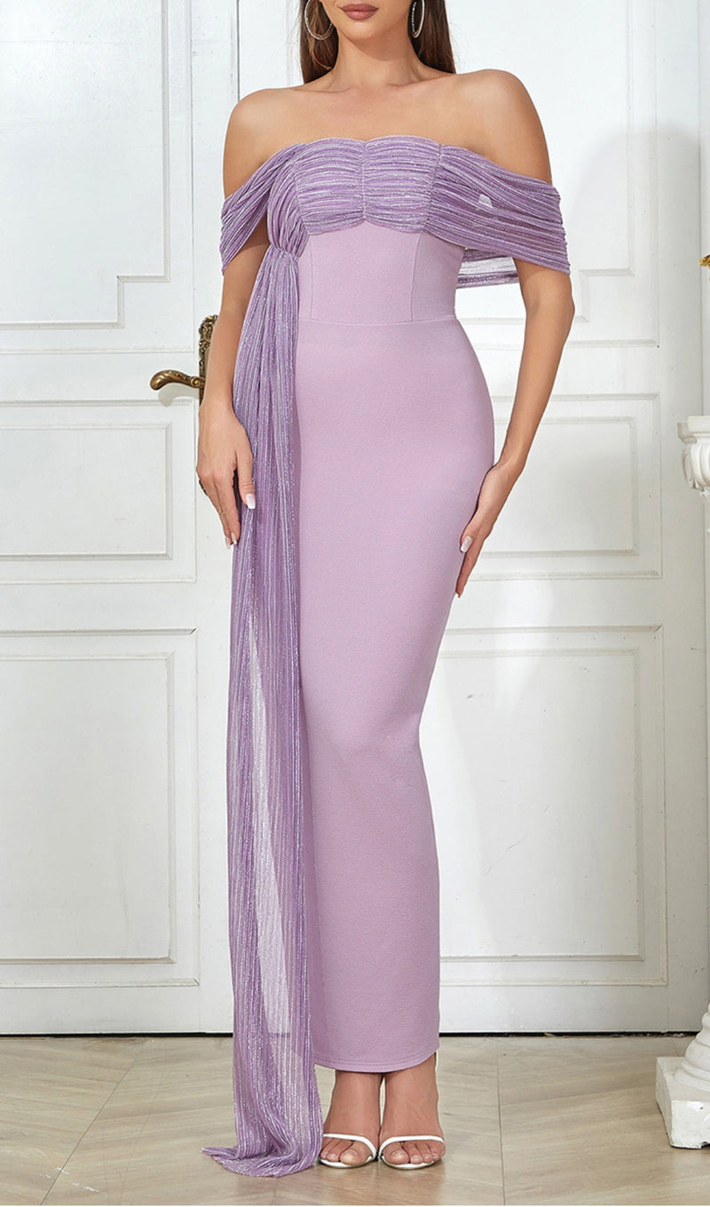 PURPLE ONE-SHOULDER MAXI DRESS WITH RIGHT DROPPED SLEEVES-Fashionslee