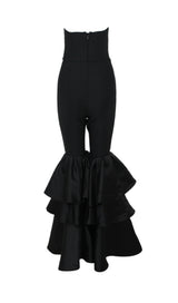 BLACK STRAPLESS JUMPSUIT WITH TIERED RUFFLE HEM-Fashionslee