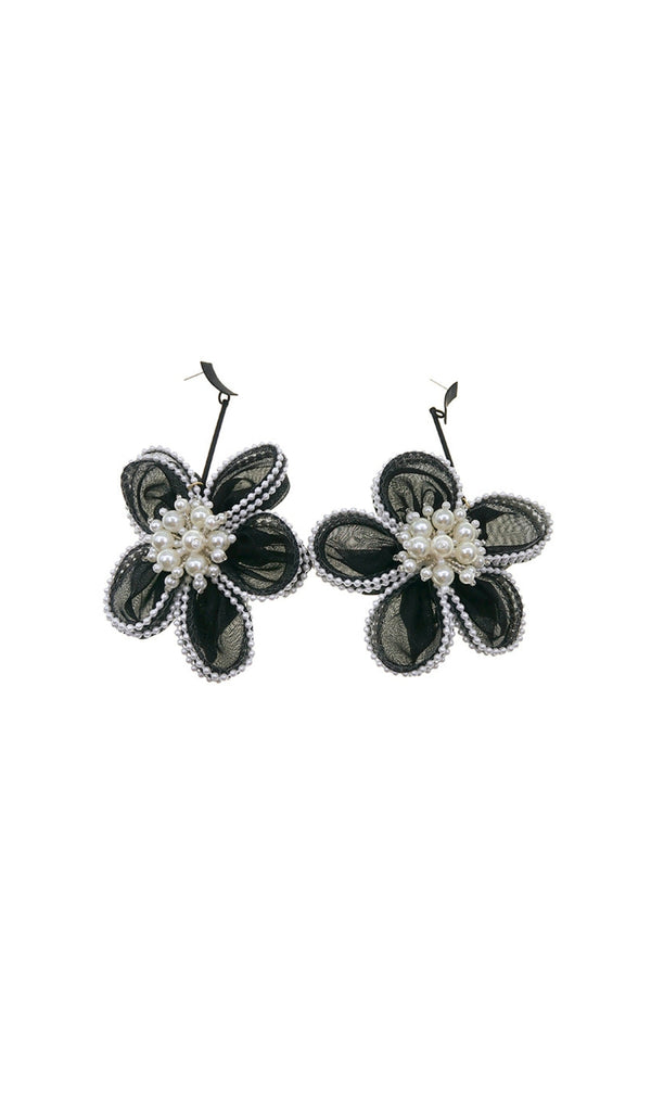 AURA BLACK LACE FLOWER PEARL EARRINGS-Fashionslee