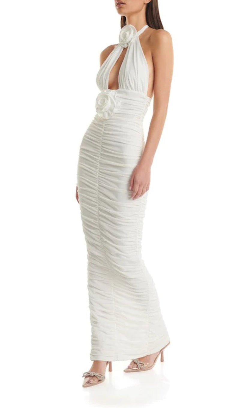 WHITE 3D FLORAL CIRCLE NECK BANDAGE MAXI DRESS-Fashionslee