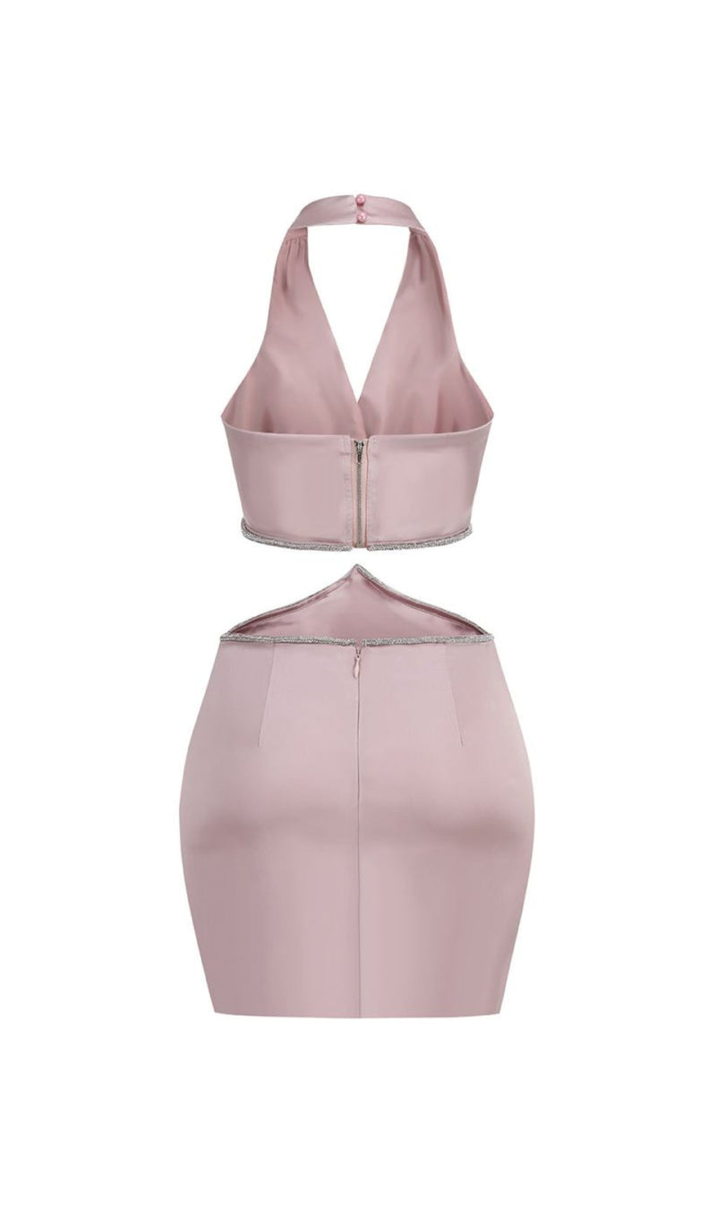 CROSS OVER CUT OUT SATIN MINI DRESS IN PINK-Fashionslee