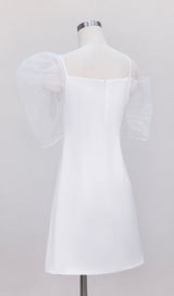 WHITE PUFF SLEEVE BOW DRESS-Fashionslee