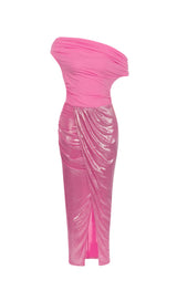 RUCHED SPLIT THIGH DRESS IN PINK-Fashionslee