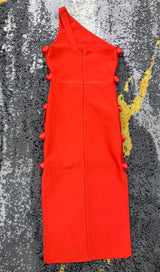 RED HOLLOW SHOULDER FLOWER KNOT DRESS-Fashionslee