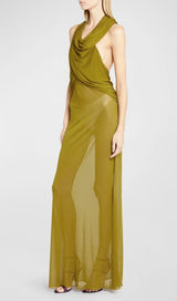 GINGER YELLOW SHEER EVENING GOWN WITH DRAPED HOOD-Fashionslee