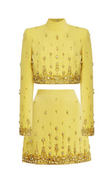 YELLOW HEAVY INDUSTRY CRYSTAL BEADS SET SEXY SHORT TOP & DRESS-Fashionslee