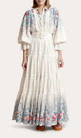 WHITE COTTON LAPEL GATHERED WAIST FLORAL PRINTED MAXI DRESS-Fashionslee