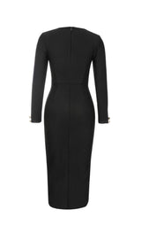 BLACK MESH PATCHWORK BUTTON-EMBELLISHED DRESS-Fashionslee
