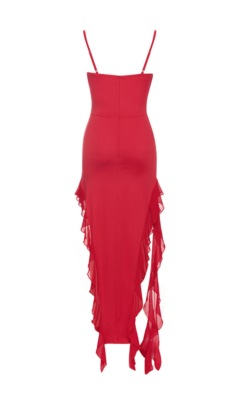 RED TUBE TOP ONE SHOULDER RIBBON DRESS-Fashionslee