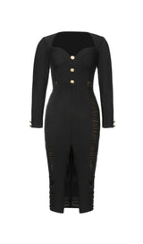 BLACK MESH PATCHWORK BUTTON-EMBELLISHED DRESS-Fashionslee
