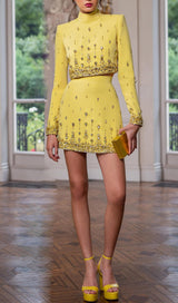 YELLOW HEAVY INDUSTRY CRYSTAL BEADS SET SEXY SHORT TOP & DRESS-Fashionslee