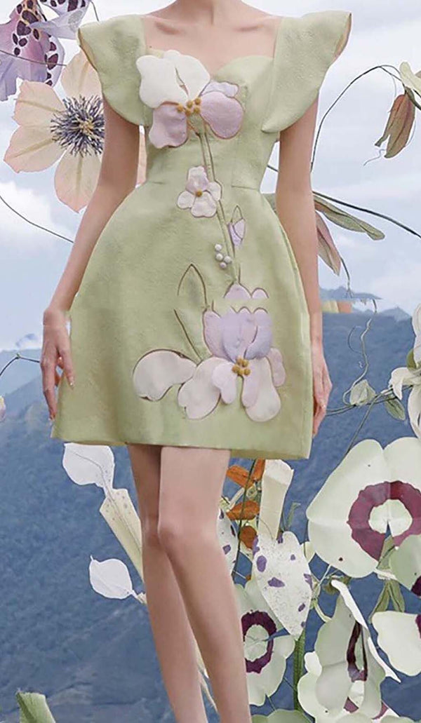 3D FLOWER BUTTERFLY SLEEVE MINI DRESS IN MINT-Fashionslee