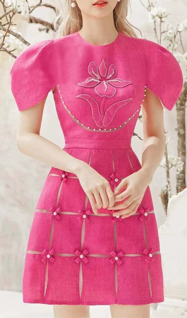 3D FLOWER O NECK MINI DRESS IN PINK-Fashionslee