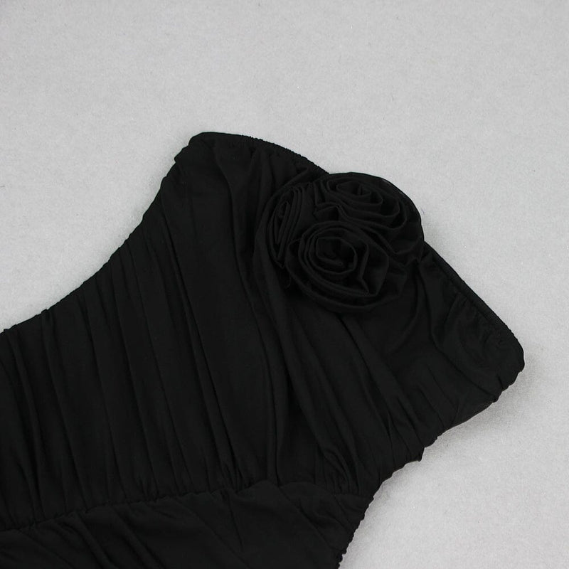 3D FLOWER STRAPLESS MINI DRESS IN BLACK-Fashionslee