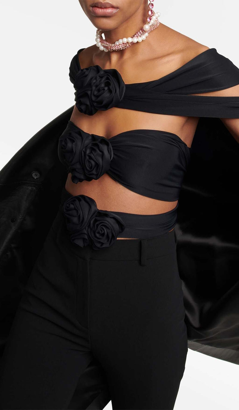 3D FLOWER-EMBELLISHED JUMPSUIT IN BLACK-Fashionslee