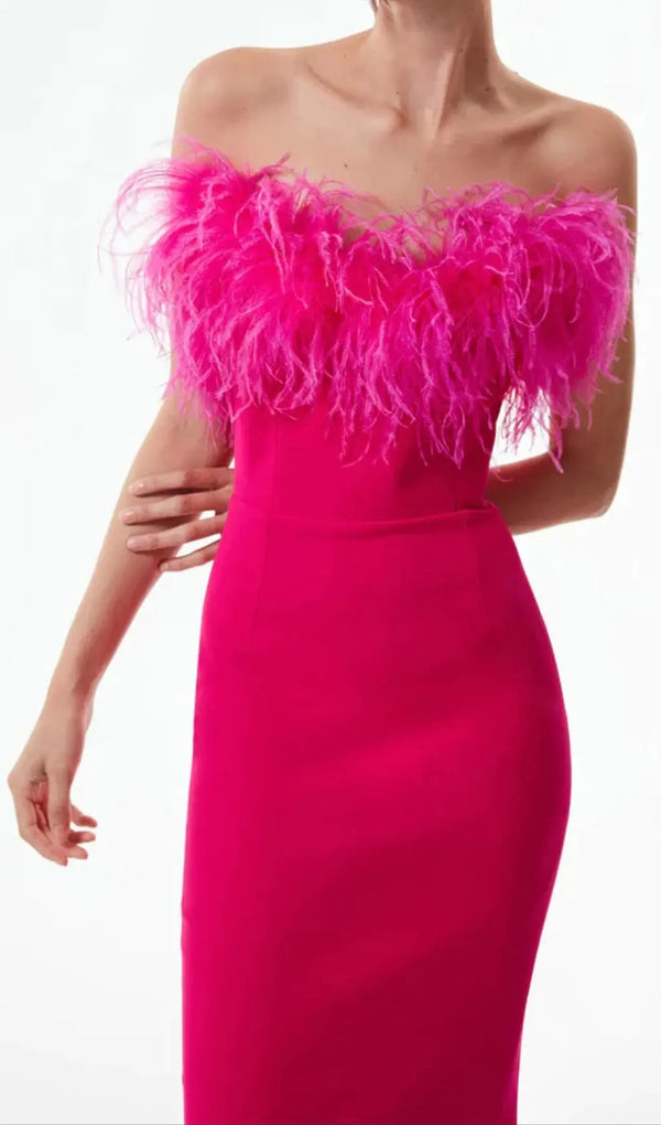 FEATHER BODYCON MAXI DRESS IN PINK-Fashionslee