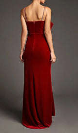 DARK RED FRONT BOW SIDE SLIT MERMAID MAXI DRESS-Fashionslee