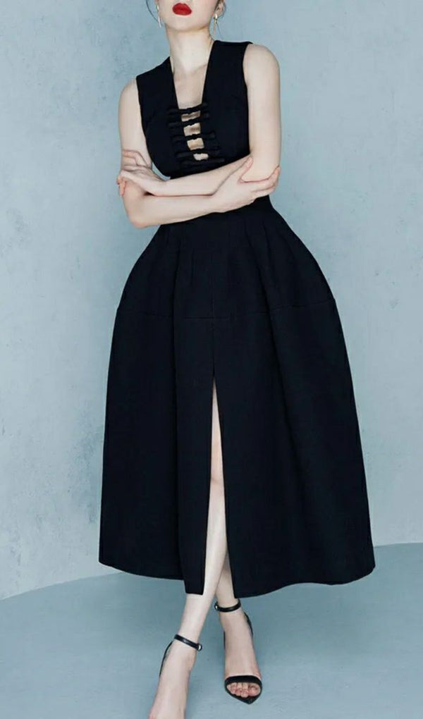 Deep V-Neck Bow Cut-Out Slit Midi Dress-Fashionslee