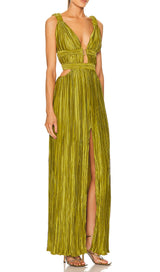 CUTOUT PLUNGE MAXI DRESS IN LIME GREEN-Fashionslee