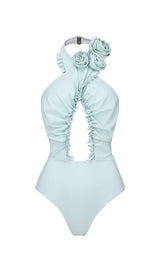BLUE HALTER 3D FLOWER ONE PIECE SWIMSUIT AND SARONG-Fashionslee