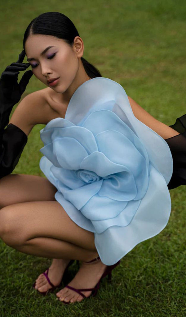 ONE SHOULDER FLOWER MINI DRESS IN BLUE-Fashionslee