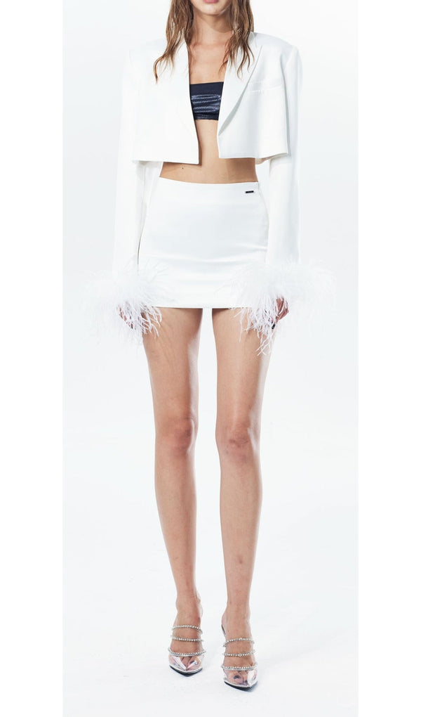 FEATHERS JACKET AND SHORT SKIRT IN WHITE-Fashionslee