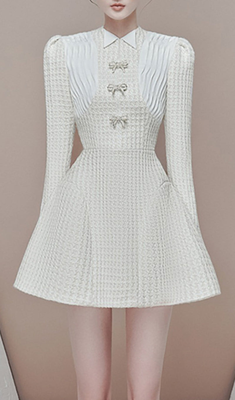LONG SLEEVE BOW A-LINE MINI DRESS IN WHITE-Fashionslee