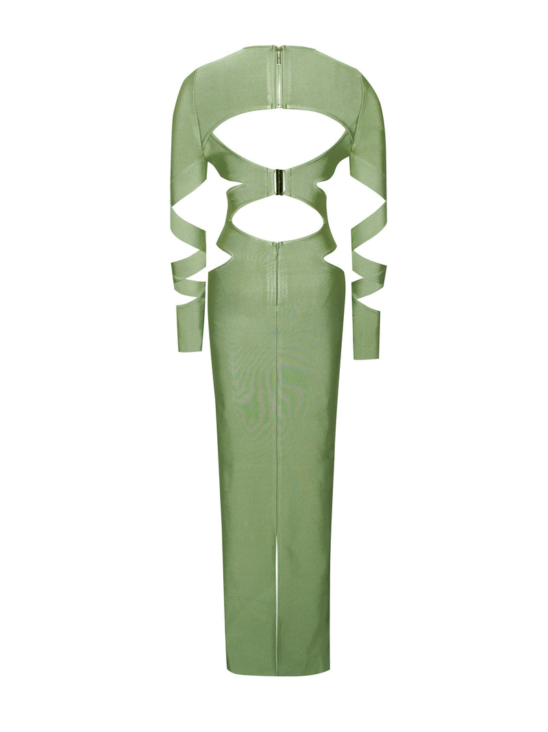 MAXI LONG SLEEVE BANDAGE DRESS IN GREEN-Fashionslee