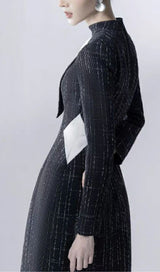 HALTER V-NECK A-LINE JACKET DRESS IN BLACK-Fashionslee
